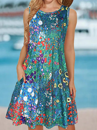 Crew Neck Casual Floral Loose Dress