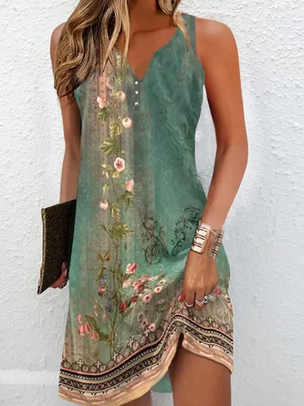 Casual Loose Vintage Jersey Notched Neckline Tank Dress With Buttoned Design