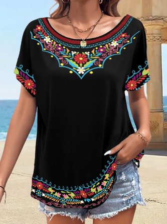 Ethnic Casual Loose Crew Neck Shirt