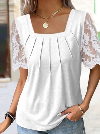 Square Neck Plain Casual Lace Shirt