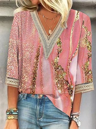 Loose Random Print V Neck Casual Shirt