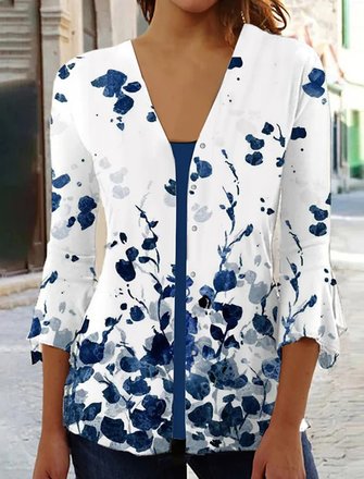 Floral Casual Ruffled Sleeves Printing Kimono