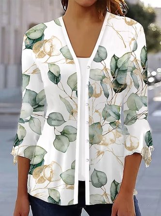 Leaf Printed Casual Jersey Kimono