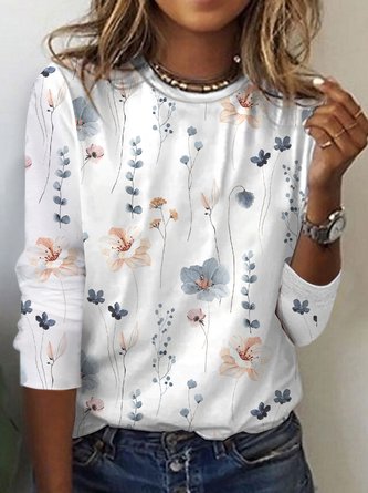 Country Floral Printed Casual Loose Crew Neck Knit Long Sleeve T-Shirt