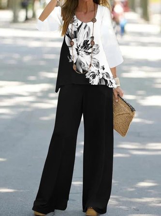 Floral Color Block Casual Crew Neck Three Quarter Loose Two-Piece Set
