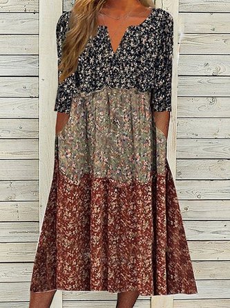 Plus Size Casual Floral Notched Three Quarter Loose Maxi Dress