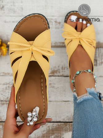 Casual Bowknot Hollow Out PU Comfy Wedge Heel Slide Sandals