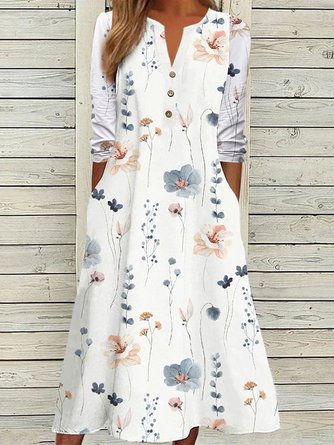 Floral Notched Neck Casual Loose Jersey Buckle Long Sleeve Midi Dress