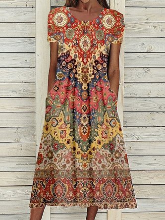 Ethnic Knitted Loose Casual Crew Neck Dress