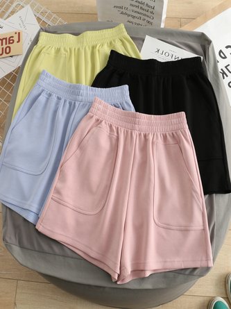 Casual Loose Pockets Plain Basic Wide Leg Shorts
