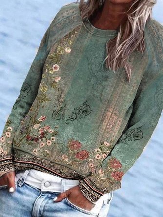Daily Casual Ethnic Floral Print Jersey Loose Crew Neck H-Line Long Sleeve Sweatshirt