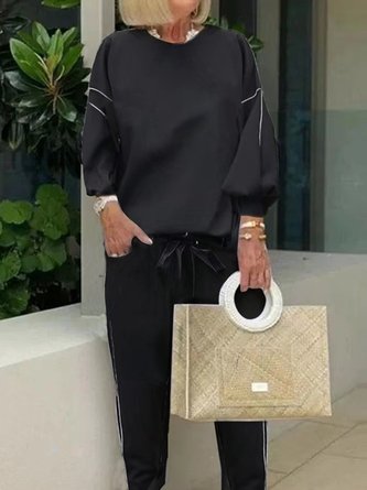 Casual Plain Crew Neck Two-Piece Set