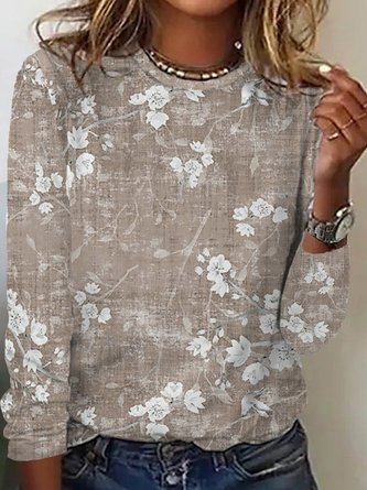 Vintage Floral Crew Neck Casual Loose Jersey H-Line Long Sleeve T-Shirt