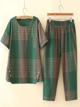 Buckle Plaid Casual Top With Pants Two-Piece Set