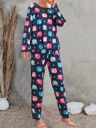 Crew Neck Casual Elephant Pajama Set With No