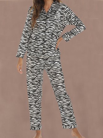 Leopard Regular Fit Casual Shirt Collar Pajama Set With No