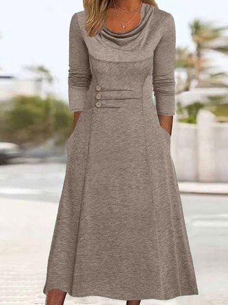 Plain Buckle Pocket Stitching Casual Maxi Dress