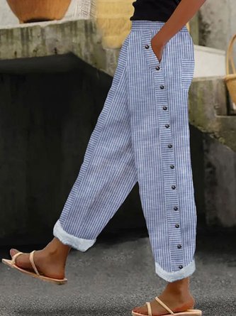 Casual Loose Buckle Design Striped H-Line Straight Pants