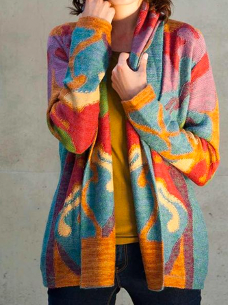 Multicolor Abstract Print Casual Loose Knitted Jersey H-Line Cardigan