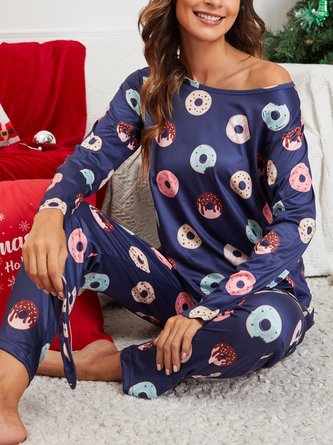 Loose Casual Regular Sleeve Crew Neck Geometric Pajama Set