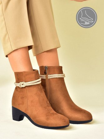 Urbanite Knotted Rope Design Yellow Suede Chunky Heel Ankle Boots