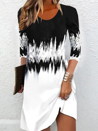 Crew Neck Black And White Colorblock Casual Loose Dress
