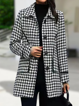 Houndstooth Long Sleeve Buckle Shawl Collar Casual Coat