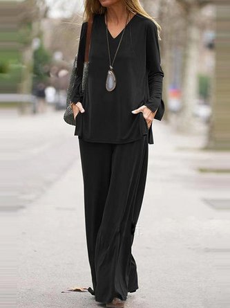 Casual V Neck Loose Plain Two-Piece Set