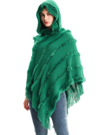 Women Minimalist Fringed Hooded Cape Shawl