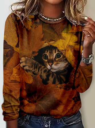 Halloween Women's Fall Cat Maple Leaf Print Casual Long Sleeve H-Line Shirt