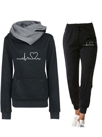 Hoodie Knitted Heart/Cordate Casual Two-Piece Set