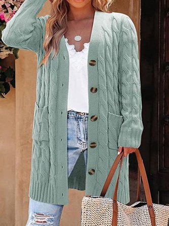Yarn/Wool Crew Neck Casual Plain Loose H-Line Winter Cardigan With Pockets