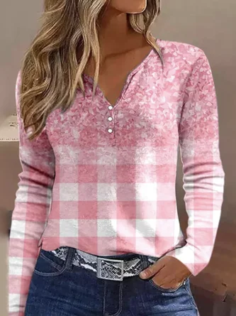 Plus size Casual Buttoned Plaid T-Shirt
