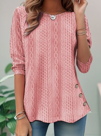 Plain Buckle Design Casual Loose Crew Neck H-Line Texture Long Sleeve T-Shirt