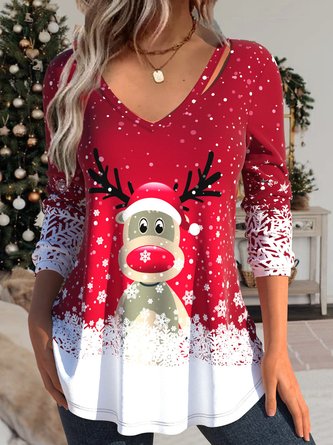Loose Casual V Neck Christmas T-Shirt