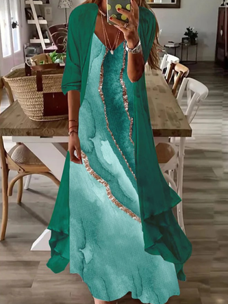 V Neck Print Casual Two-Piece Set