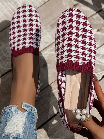 Casual Houndstooth Comfy Mesh Fabric Slip On Flat Shoes