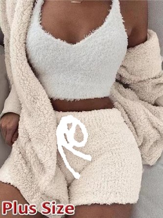 Fluff/Granular Fleece Fabric Casual Plain Pajama Set
