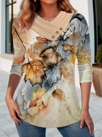 Plus Size Maple Leaf Buckle Asymmetrical V Neck Jersey Casual Loose T-Shirt