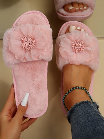 Women Mesh Applique Warmth Fluffy Stra Slippers