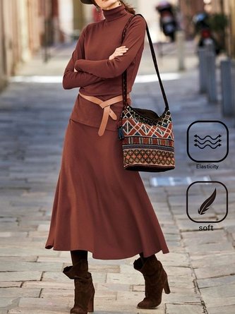 Turtleneck Casual Loose Plain Two-Piece Set