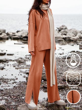 Plain Crew Neck Casual Cotton-Blend Two-Piece Set