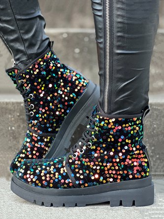 Multicolor Sequins Lace-Up Thick Bottom Fashion Boots