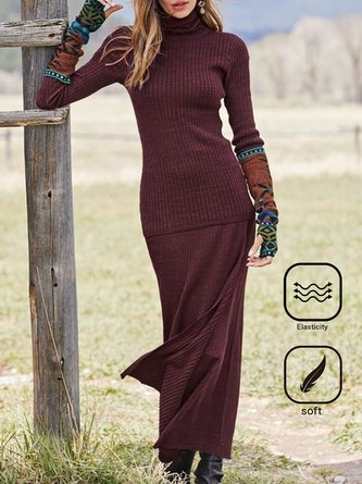 Turtleneck Regular Fit Casual Plain Two-Piece Set