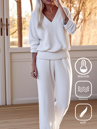 V Neck Wool/Knitting Plain Casual Two-Piece Set