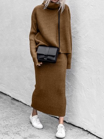 High Neck Knit Loose Sweater & High Waist Skirt Sets