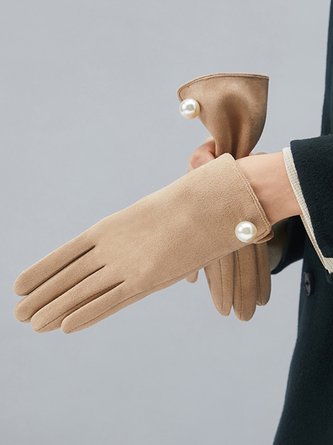 Elegant Imitation Pearl Warm Lined Faux Suede Gloves