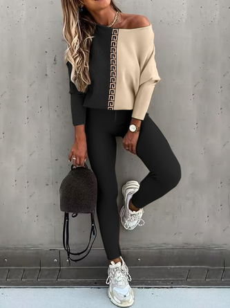 Knitted Random Print V Neck Casual Two-Piece Set