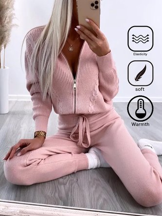Casual Wool/Knitting Plain Two-Piece Set