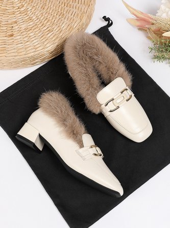 Metal Decor Commuting Square Toe Warmth Furry Loafers